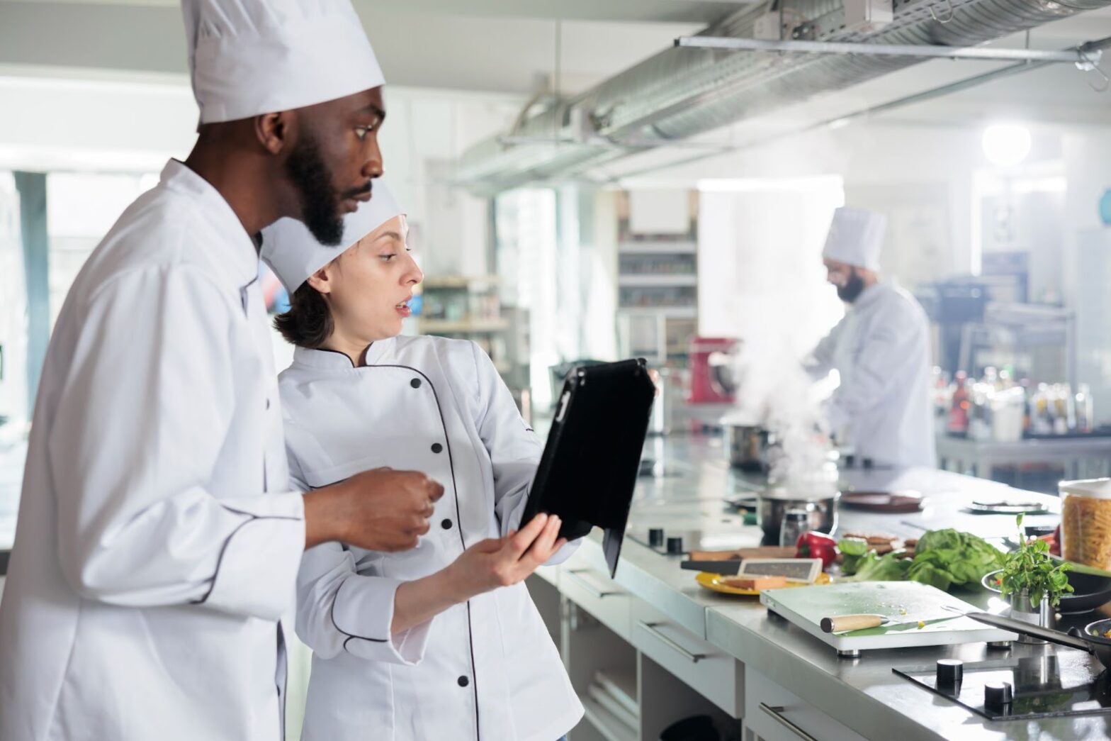 Two professional chefs in a commercial kitchen environment